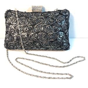 JNB Hardcase Evening Bag Silver Metallic Ribbon Rosettes Removable Chain Strap